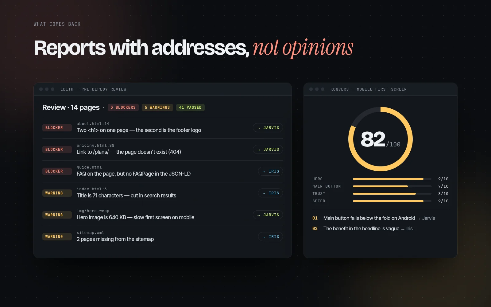 Edith’s pre-deploy review and Konvers’ mobile first-screen score