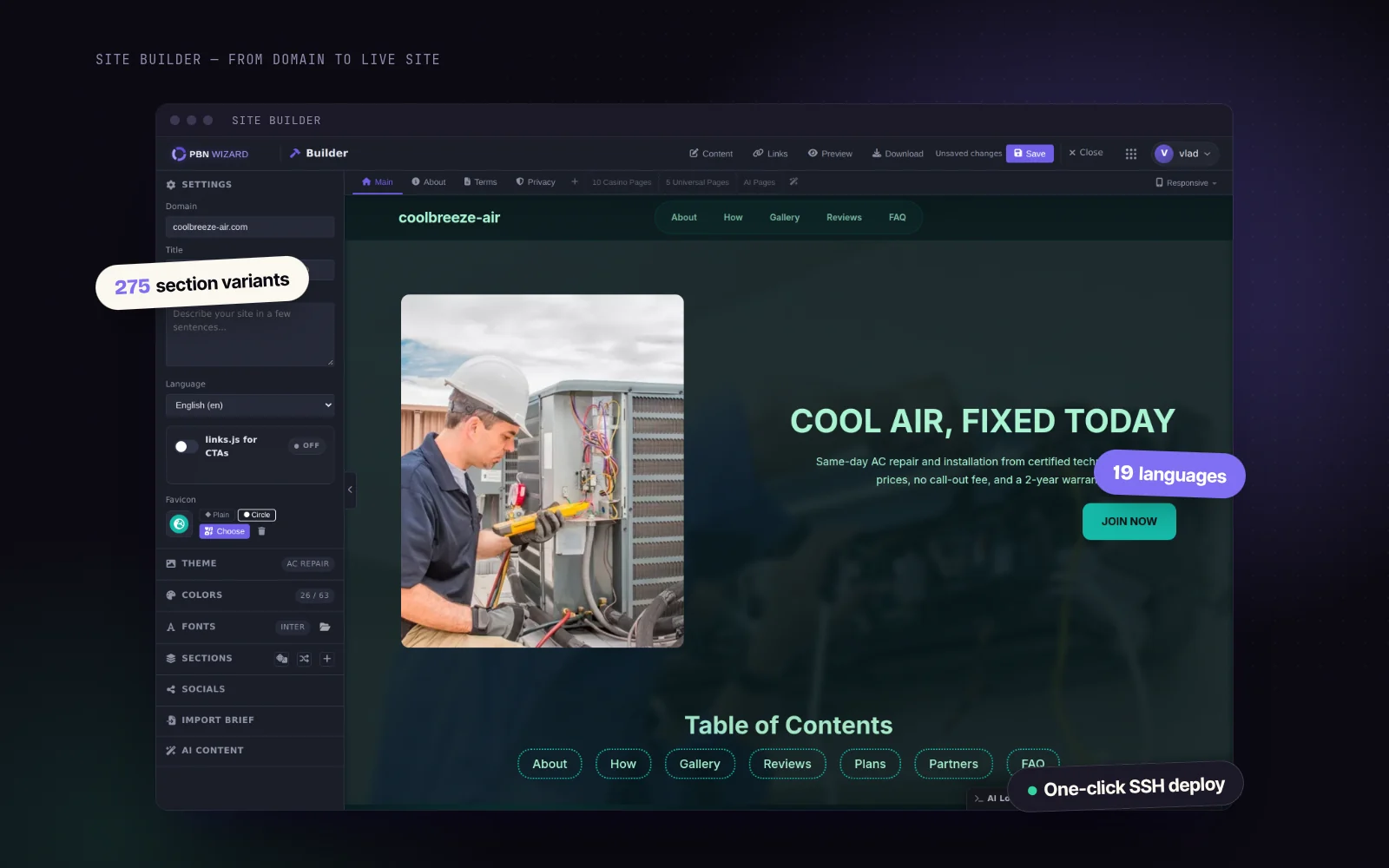 Site Builder editor with a live landing preview